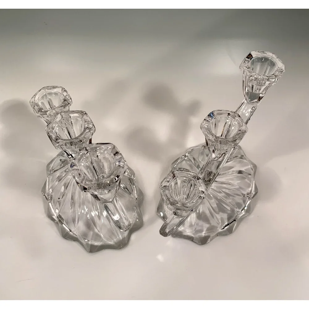 Set of 2 Anna Hutte Bleikristall 3-Light Candlesticks Cascading Glass Waves